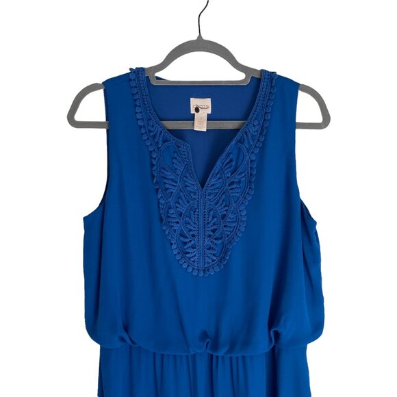 Chicos Blue Sleeveless High-Low Dress Crochet Neckline Size 1 Elegant Design - Picture 6 of 10